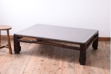 アンティーク家具　和製アンティーク　ガラス天板付き!縞黒檀材の古い座卓