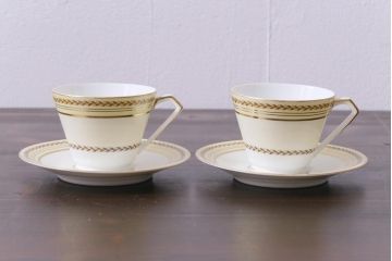 中古　オールドノリタケ(Noritake、則武)　月桂樹-М　CALIBAN　品のあるデザインが素敵なカップ&ソーサー2客セット(洋食器)