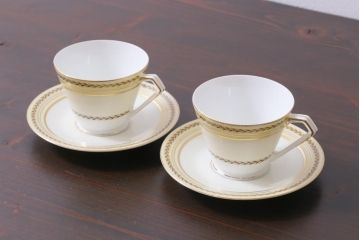 中古　オールドノリタケ(Noritake、則武)　月桂樹-М　CALIBAN　品のあるデザインが素敵なカップ&ソーサー2客セット(洋食器)(1)