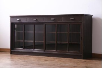 ラフジュ工房オリジナル　リメイク　レトロな雰囲気が温かみを感じる引き出し付きガラス戸棚(収納棚、サイドボード、テレビボード)