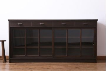 ラフジュ工房オリジナル　リメイク　レトロな雰囲気が温かみを感じる引き出し付きガラス戸棚(収納棚、サイドボード、テレビボード)