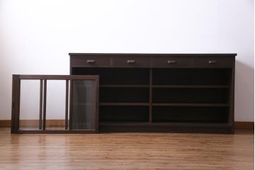 ラフジュ工房オリジナル　リメイク　レトロな雰囲気が温かみを感じる引き出し付きガラス戸棚(収納棚、サイドボード、テレビボード)