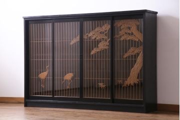 ラフジュ工房オリジナル　古建具リメイク　鶴松の組子が縁起の良いガラス戸棚(書院、収納棚、サイドボード)