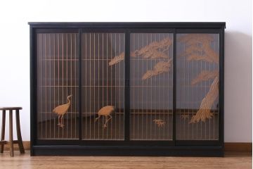 ラフジュ工房オリジナル　古建具リメイク　鶴松の組子が縁起の良いガラス戸棚(書院、収納棚、サイドボード)