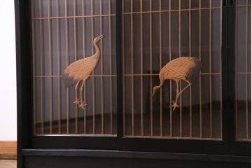 ラフジュ工房オリジナル　古建具リメイク　鶴松の組子が縁起の良いガラス戸棚(書院、収納棚、サイドボード)