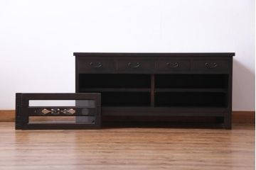 ラフジュ工房オリジナル　古建具リメイク　趣ある透かし彫りが和の風情感じる引き出し付きローボード(戸棚、収納棚、テレビボード)