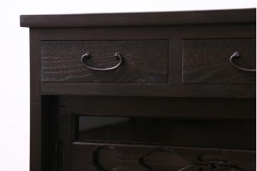 ラフジュ工房オリジナル　古建具リメイク　趣ある透かし彫りが和の風情感じる引き出し付きローボード(戸棚、収納棚、テレビボード)