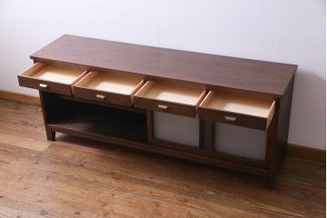 ラフジュ工房オリジナル　古い建具の枠が味わい深い横長のリビングボード(収納棚、戸棚)