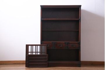 中古　志太民芸家具　モダンなガラス引き戸が魅力的な格子茶たんす(水屋、和箪笥)