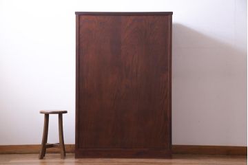 中古　志太民芸家具　モダンなガラス引き戸が魅力的な格子茶たんす(水屋、和箪笥)