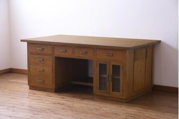 レトロ家具　昭和レトロ　天板ホワイトオーク材　特大サイズ!温もり溢れるナラ材製の両面両袖デスク(パートナーデスク、作業台、ワークデスク、在宅ワーク、在宅用)
