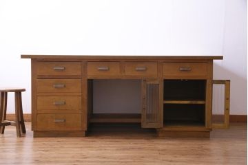 レトロ家具　昭和レトロ　天板ホワイトオーク材　特大サイズ!温もり溢れるナラ材製の両面両袖デスク(パートナーデスク、作業台、ワークデスク、在宅ワーク、在宅用)