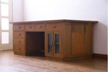 レトロ家具　昭和レトロ　天板ホワイトオーク材　特大サイズ!温もり溢れるナラ材製の両面両袖デスク(パートナーデスク、作業台、ワークデスク、在宅ワーク、在宅用)