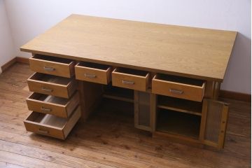 レトロ家具　昭和レトロ　天板ホワイトオーク材　特大サイズ!温もり溢れるナラ材製の両面両袖デスク(パートナーデスク、作業台、ワークデスク、在宅ワーク、在宅用)
