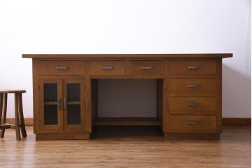レトロ家具　昭和レトロ　天板ホワイトオーク材　特大サイズ!温もり溢れるナラ材製の両面両袖デスク(パートナーデスク、作業台、ワークデスク、在宅ワーク、在宅用)
