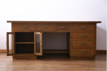 レトロ家具　昭和レトロ　天板ホワイトオーク材　特大サイズ!温もり溢れるナラ材製の両面両袖デスク(パートナーデスク、作業台、ワークデスク、在宅ワーク、在宅用)