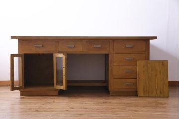 レトロ家具　昭和レトロ　天板ホワイトオーク材　特大サイズ!温もり溢れるナラ材製の両面両袖デスク(パートナーデスク、作業台、ワークデスク、在宅ワーク、在宅用)