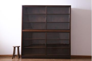アンティーク家具　大正昭和期　シンプルで使い勝手の良い2段重ね収納棚(飾り棚、ガラス戸棚、本箱)(1)