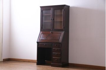 中古　北海道民芸家具　深みのある美しい木肌が上品な雰囲気漂うビューローブックケース(ライティングビューロー、机、本箱、収納棚)(定価約49万円)