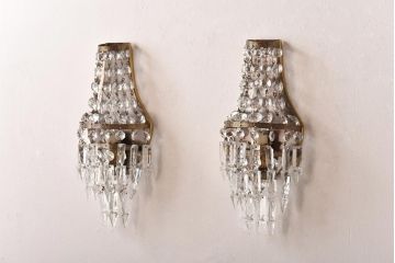 フランスビンテージ　金属製　エンパイア様式　ガラスドロップがお洒落な小振りなウォールランプ(壁掛け照明)(2)