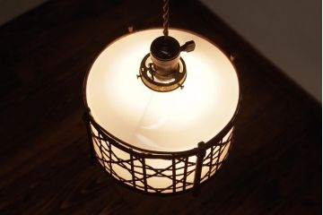 和製アンティーク　戦前　竹細工が味わい深いペンダントライト(竹編み、天井照明、電笠)