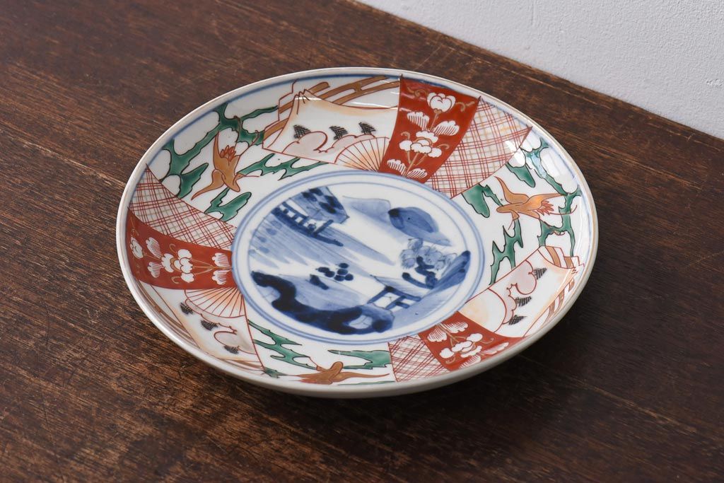 古民具・骨董　幕末明治期　山水図　色絵染付皿(7寸皿、中皿)(1)