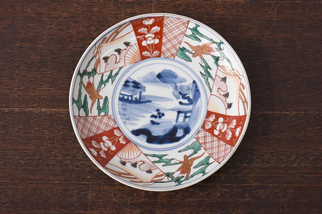 古民具・骨董　幕末明治期　山水図　色絵染付皿(7寸皿、中皿)(1)