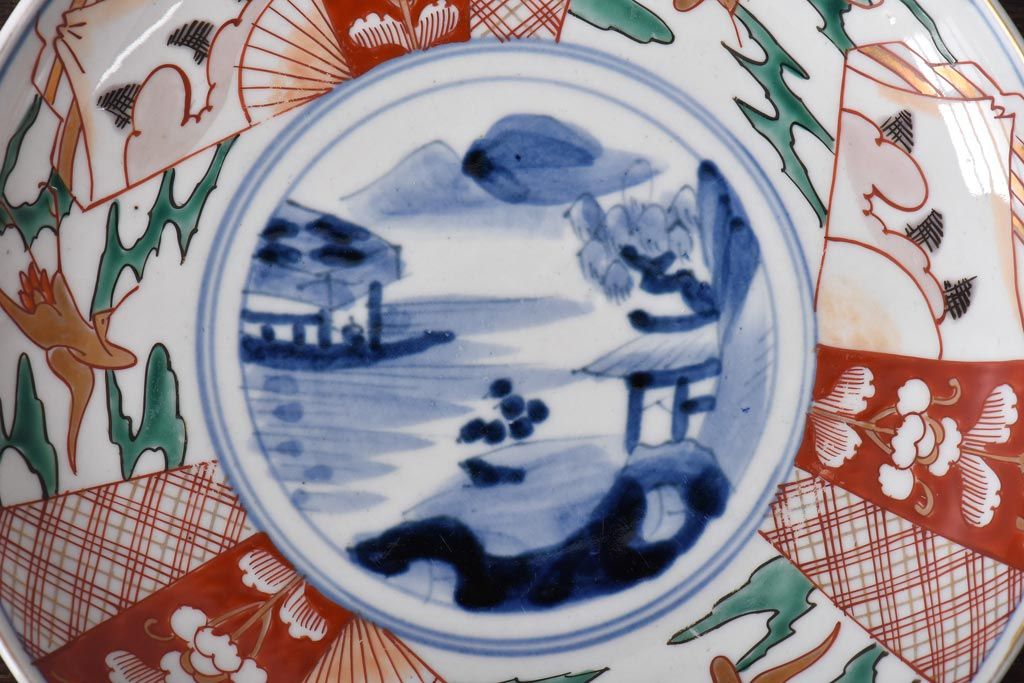 古民具・骨董　幕末明治期　山水図　色絵染付皿(7寸皿、中皿)(1)