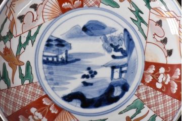 古民具・骨董　幕末明治期　山水図　色絵染付皿(7寸皿、中皿)(1)