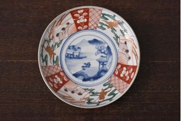 古民具・骨董　幕末明治期　山水図　色絵染付皿(7寸皿、中皿)(2)