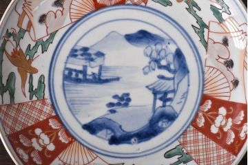 古民具・骨董　幕末明治期　山水図　色絵染付皿(7寸皿、中皿)(2)