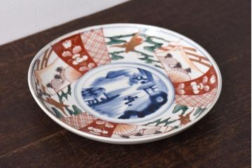 古民具・骨董　幕末明治期　山水図　色絵染付皿(7寸皿、中皿)(3)