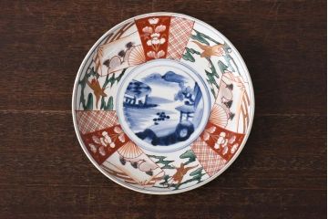 古民具・骨董　幕末明治期　山水図　色絵染付皿(7寸皿、中皿)(3)