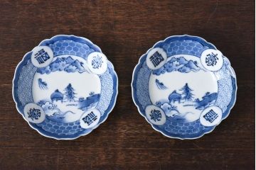 幕末期　福寿紋　山水図　染付5寸皿2枚セット(中皿)