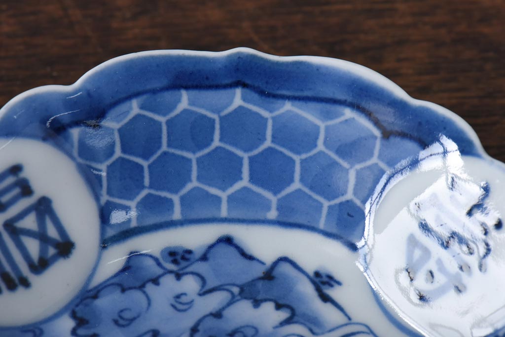 幕末期　福寿紋　山水図　染付5寸皿2枚セット(中皿)