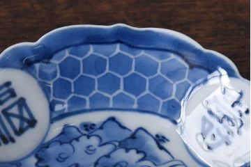 幕末期　福寿紋　山水図　染付5寸皿2枚セット(中皿)