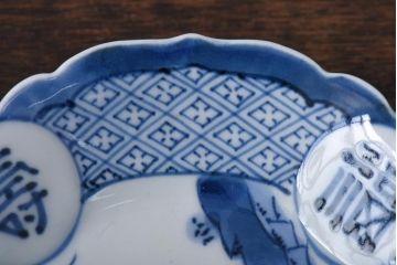 幕末期　福寿紋　山水図　染付5寸皿2枚セット(中皿)