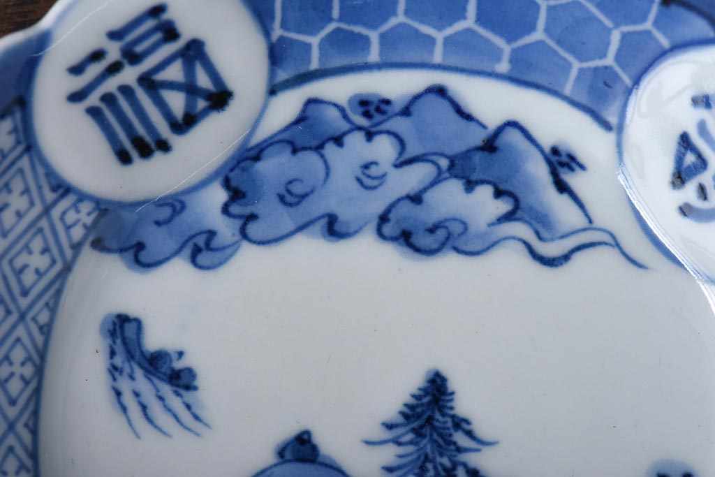 幕末期　福寿紋　山水図　染付5寸皿2枚セット(中皿)