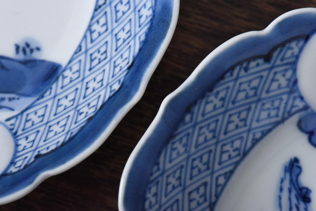 幕末期　福寿紋　山水図　染付5寸皿2枚セット(中皿)