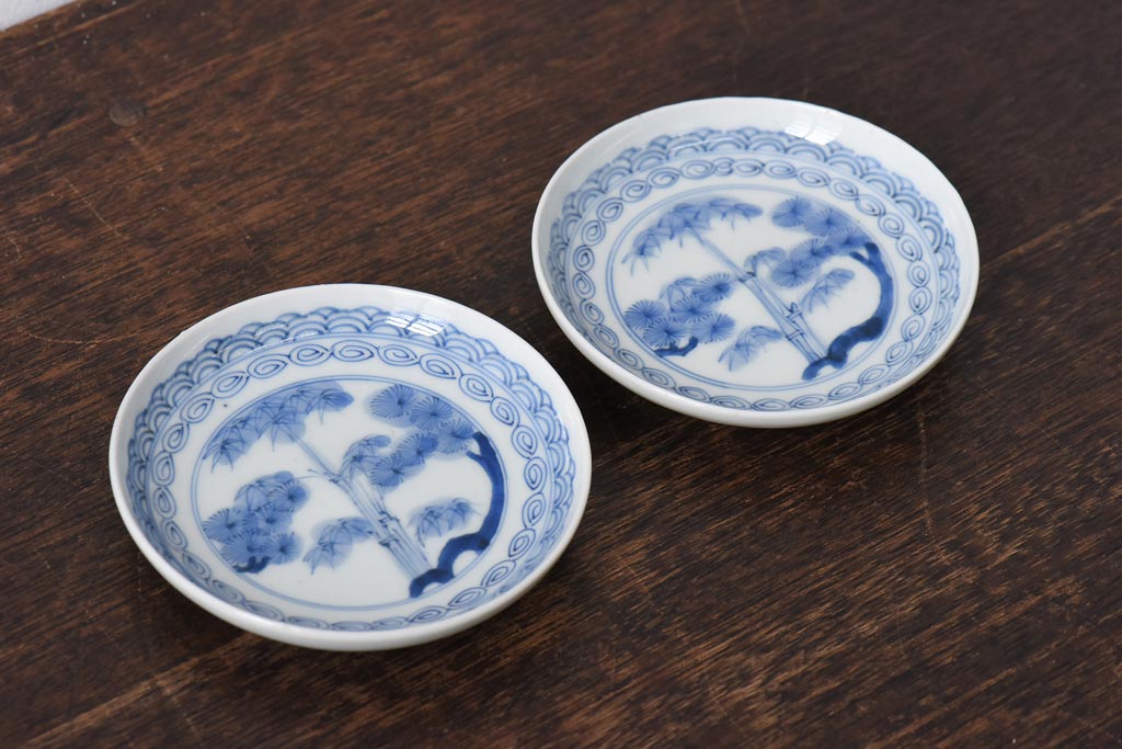 江戸期　竹文　濃淡の色使いが素敵な染付小皿2枚セット(3寸皿)