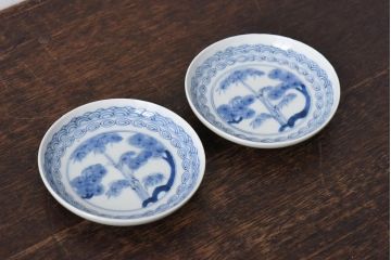 江戸期　竹文　濃淡の色使いが素敵な染付小皿2枚セット(3寸皿)