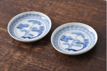 江戸期　竹文　濃淡の色使いが素敵な染付小皿2枚セット(3寸皿)
