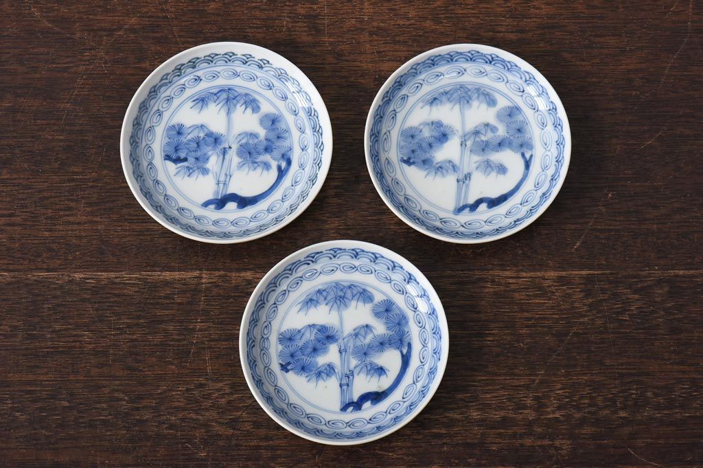江戸期　竹文　濃淡の色使いが素敵な染付小皿3枚セット(3寸皿)