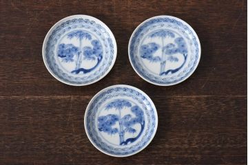 江戸期　竹文　濃淡の色使いが素敵な染付小皿3枚セット(3寸皿)