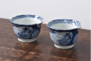 和製アンティーク　江戸期　情緒あふれる染付絵柄の向付2客セット(蕎麦猪口)