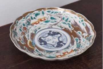 古民具・骨董　幕末明治期　色絵　八寸皿(大皿、盛り皿、和食器)