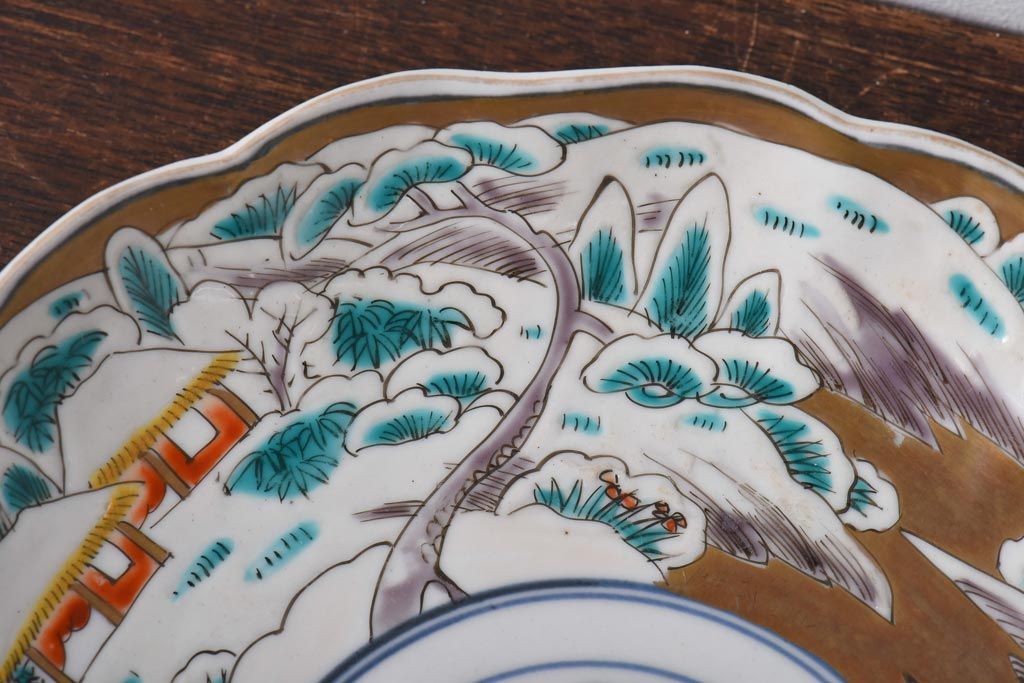 古民具・骨董　幕末明治期　色絵　八寸皿(大皿、盛り皿、和食器)