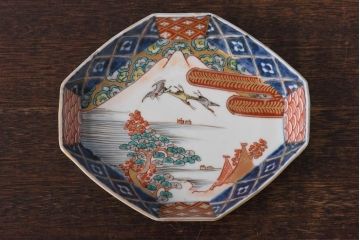古民具・骨董　幕末明治期　鶴松　干し網に舟　色絵錦手皿2枚セット(和食器、菱形)