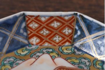 古民具・骨董　幕末明治期　鶴松　干し網に舟　色絵錦手皿2枚セット(和食器、菱形)