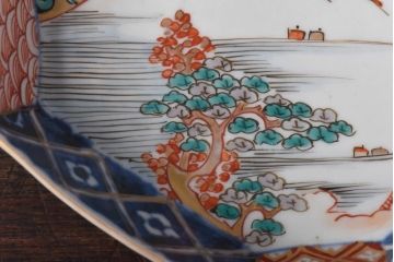 古民具・骨董　幕末明治期　鶴松　干し網に舟　色絵錦手皿2枚セット(和食器、菱形)